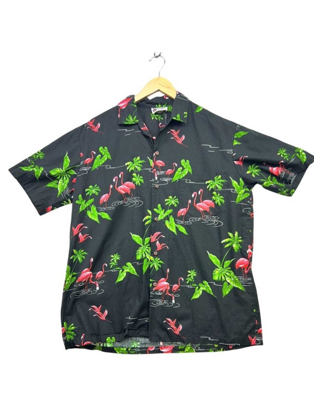 Aloha Republic Mens Short Sleeve Hawaiian Shirt Size Large Black Flamingo Print